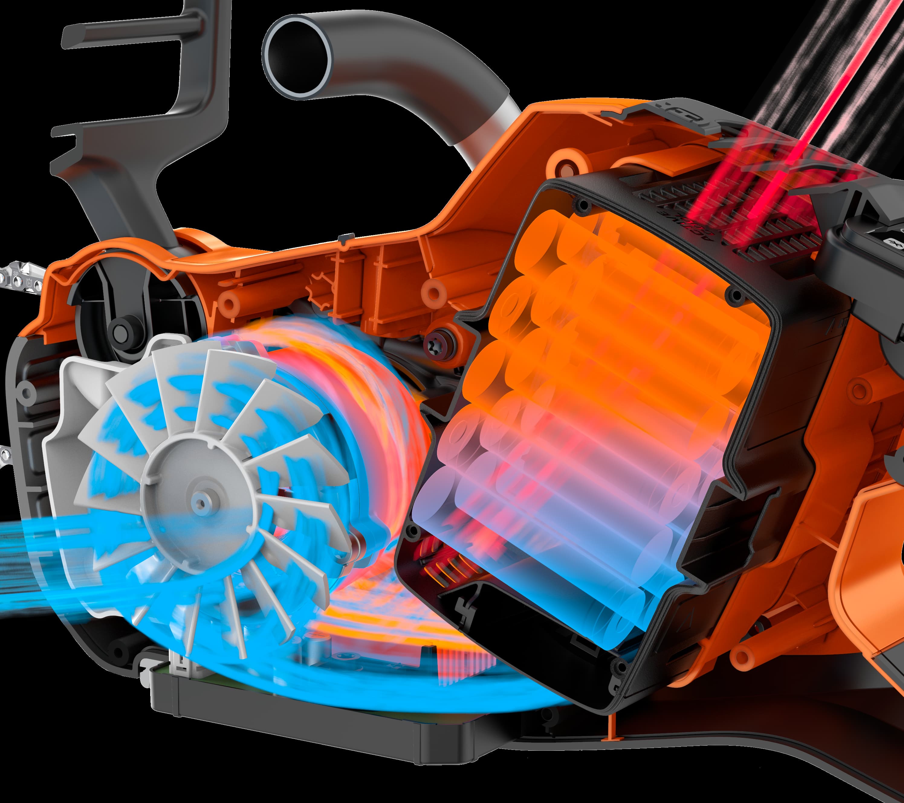 Husqvarna ActiveCool enables efficient cooling of the battery, both during charging and discharging. Thanks to the active cooling system your battery powered product remains fully productive, also in demanding conditions while the lifetime of your batteries prolongs. image